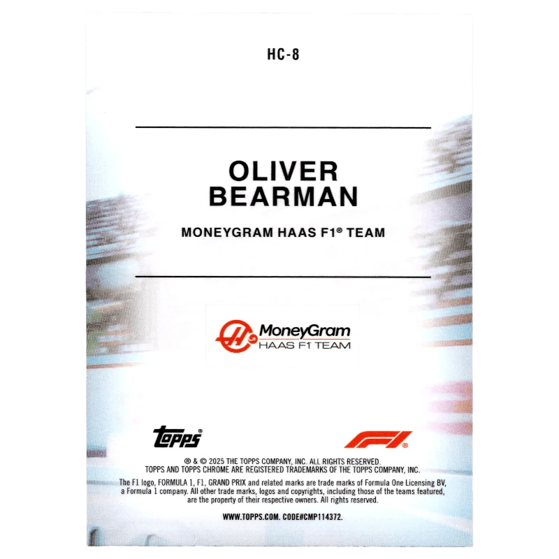 2025 F1 Topps Chrome Oliver Bearman #HC-8 Helmet Collection Trading Card Topps