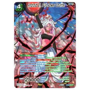 God Grade Android 21, Full-Power Counter BT20-145 SPR Dragon Ball Super card. Features Android 21 in a dynamic pose with pink and blue energy effects.