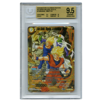 God Grade BGS 9.5 graded Dragon Ball Super Masters card featuring Son Goku, Vegeta, and Paikuhan in a gold foil slab.