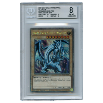 God Grade BGS 8 graded Blue-Eyes White Dragon Quarter Century Secret Rare Yu-Gi-Oh! card in a protective slab.