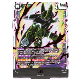 God Grade Cell FB10-123 Secret Rare Dragon Ball Super Fusion World card featuring green android character art
