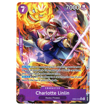 God Grade Charlotte Linlin Alternate Art EB03-034 R One Piece trading card featuring vibrant fire effects