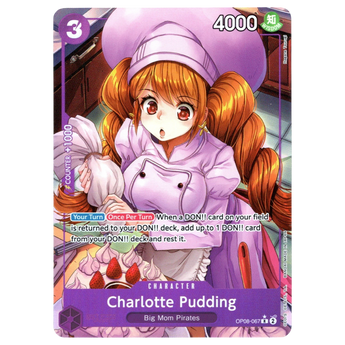 God Grade Charlotte Pudding Parallel OP08-067 Rare One Piece card featuring a chef character with orange hair