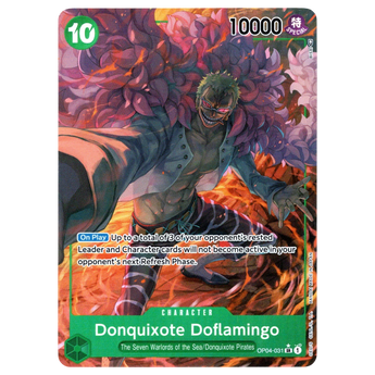 God Grade Donquixote Doflamingo alternate art trading card from One Piece Kingdoms of Intrigue set in near mint state