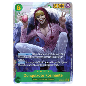 God Grade Donquixote Rosinante alternate art One Piece trading card featuring the character with a pink heart shirt