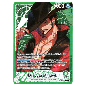 God Grade Dracule Mihawk Alternate Art Leader card from One Piece The Azure Sea's Seven set