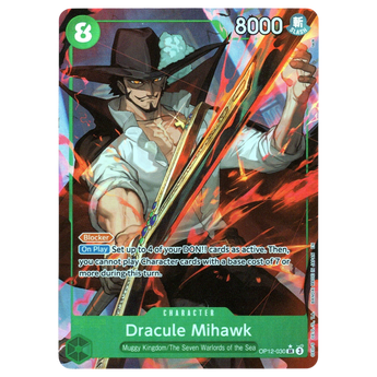 God Grade Dracule Mihawk Alternate Art OP12-030 SR One Piece trading card featuring dynamic sword action illustration
