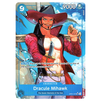 God Grade Dracule Mihawk Alternate Art OP01-070 SR One Piece trading card featuring a vibrant blue background