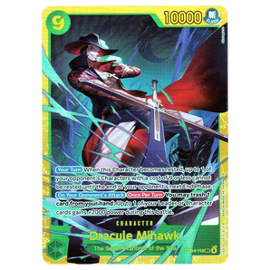 God Grade Dracule Mihawk OP14-119 SEC Secret Rare One Piece card featuring a vibrant yellow holographic design.