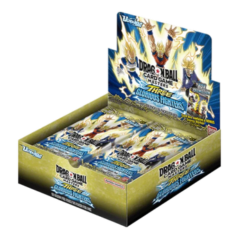 God Grade Dragon Ball Super Masters Three Glorious Fighters B30 Booster Box with 24 packs, featuring Goku, Vegeta, and Gohan.