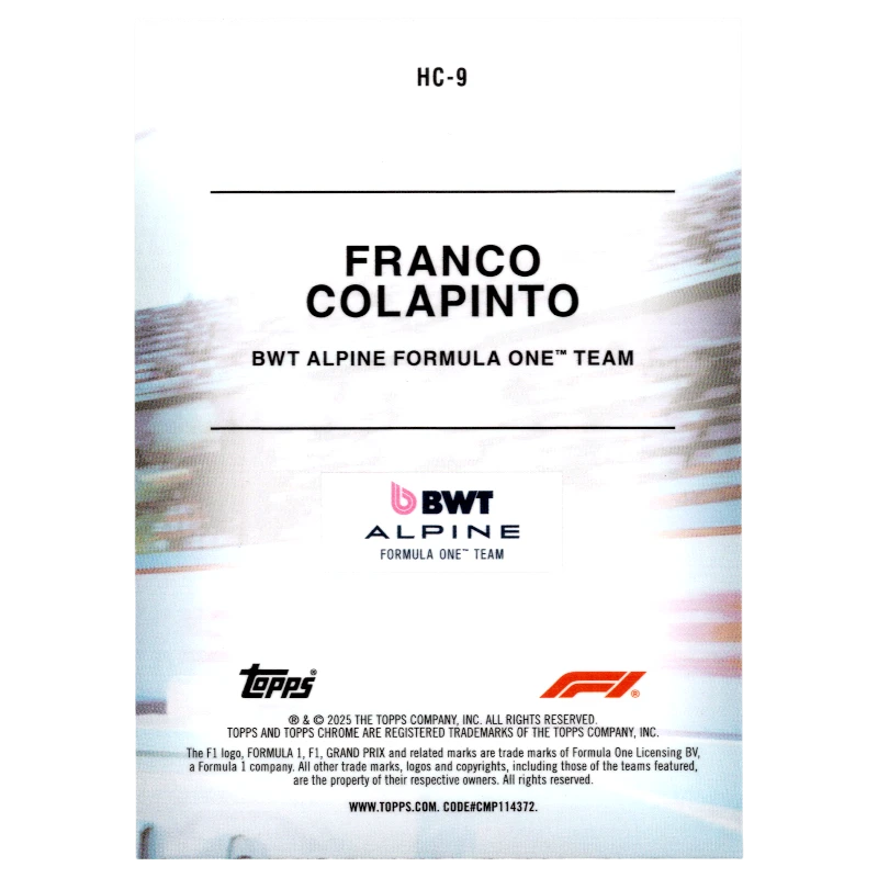 2025 Topps Chrome F1 Franco Colapinto Helmet Collection HC-9 Trading Card Topps