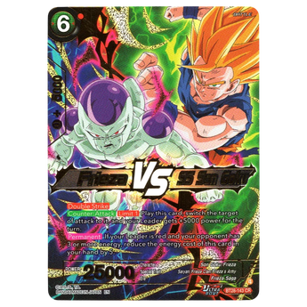 God Grade Frieza VS SS Son Goku BT28-143 CR Dragon Ball Super card. Features Frieza and Super Saiyan Son Goku in battle.