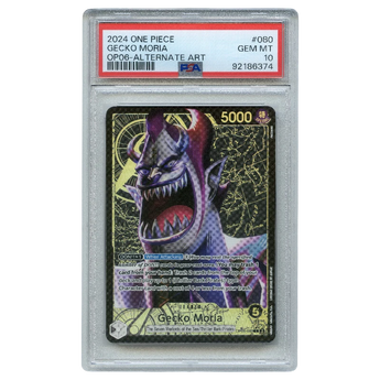 God Grade PSA 10 graded Gecko Moria Alternate Art One Piece trading card in a protective plastic slab