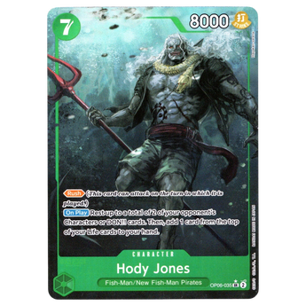 God Grade Hody Jones Alternate Art Super Rare One Piece card featuring the character with a trident in green tones