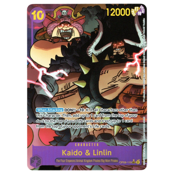 God Grade Kaido & Linlin Parallel Secret Rare One Piece card featuring vibrant purple and red character artwork