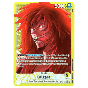 God Grade Kalgara Parallel Leader card from One Piece Two Legends set featuring vibrant red hair and yellow border