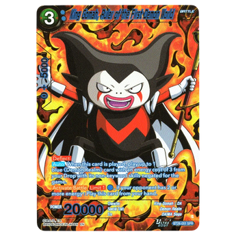 God Grade King Gomah, Ruler of the First Demon World BT28-051 SPR Dragon Ball Super card with fiery background.