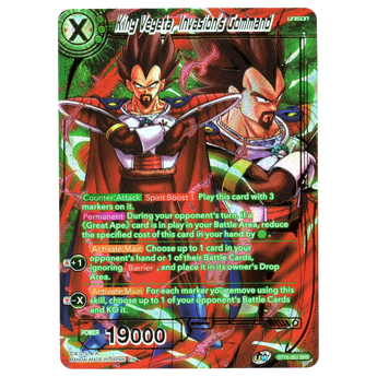 God Grade King Vegeta Invasion's Command BT15-063 SPR Dragon Ball Super Masters card with green holographic foil