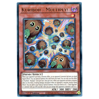God Grade Kuriboh - Multiply! MAMO-EN002 Ultra Rare Yu-Gi-Oh! trading card featuring multiple brown Kuriboh monsters.
