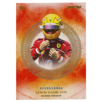 God Grade 2025 Topps F1 Eccellenza trading card featuring Lewis Hamilton in his Scuderia Ferrari racing gear