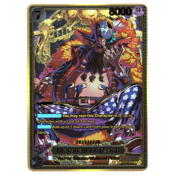 God Grade Marshall D Teach SP Super Rare One Piece card featuring gold foil accents and detailed character artwork