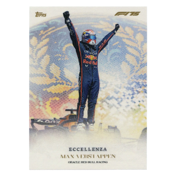 God Grade 2025 Topps Eccellenza Max Verstappen Supremo F1 trading card featuring the driver celebrating on his car