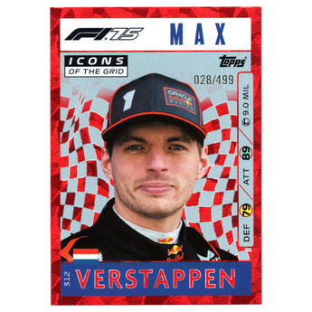 God Grade 2025 Topps Turbo Attax F1 Max Verstappen Icons of the Grid Red Parallel trading card numbered 028/499