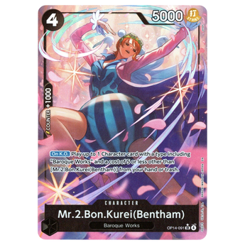 God Grade Mr.2.Bon.Kurei Bentham alternate art One Piece trading card with pink floral background