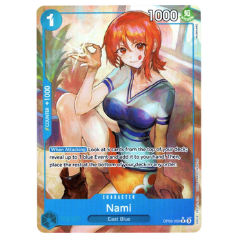 God Grade Nami Parallel OP09-050 R One Piece trading card featuring Nami with orange hair in a blue shirt