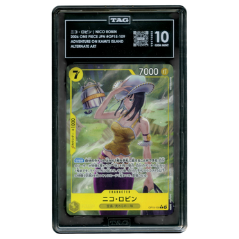 God Grade graded Nico Robin alternate art One Piece card OP15-109 in a protective slab with a 10 Gem Mint rating