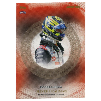 God Grade 2025 Topps Eccellenza F1 rookie card featuring Oliver Bearman in his MoneyGram Haas F1 team racing gear.
