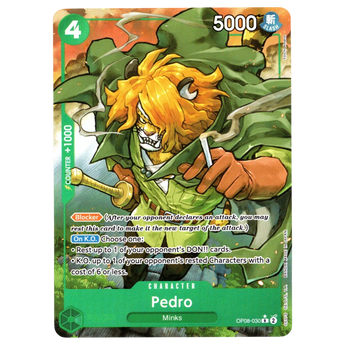 God Grade Pedro Parallel OP08-030 Rare 1 Star One Piece trading card featuring the character Pedro in a green cloak.