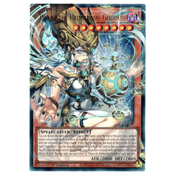 God Grade Phara the Primordial Goddess Ultra Rare extended art Yu-Gi-Oh trading card with gold and blue details