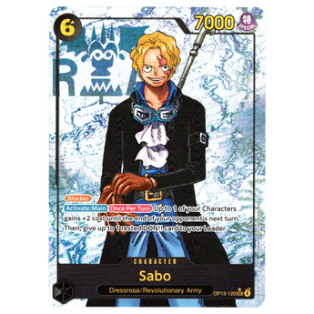 God Grade Sabo Parallel Secret Rare One Piece card OP13-120 featuring Sabo with blonde hair and a black coat