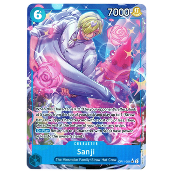 God Grade Sanji Alternate Art OP11-051 SR One Piece card featuring a blue background with pink roses and sparkles