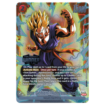 God Grade Son Gohan Adolescence Winner promo card from Dragon Ball Super Fusion World featuring gold foil artwork