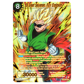 God Grade SS Great Saiyaman, Fury Explosion BT28-083 SPR trading card. Features character in green outfit and sunglasses, with yellow energy effects.