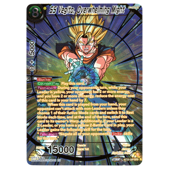 God Grade SS Vegito Overwhelming Might BT20-099 SPR Dragon Ball Super card. Features SS Vegito in a dynamic pose with yellow spiky hair and blue energy.