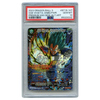 God Grade PSA 10 SSB Vegeta Unbridled Power alternate art Secret Rare Dragon Ball Super Masters card in a slab