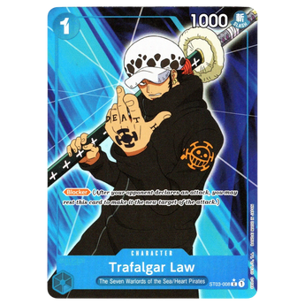 God Grade Trafalgar Law full art One Piece trading card featuring the character with his sword on a blue background