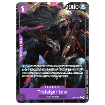 God Grade Trafalgar Law Parallel OP09-069 Rare One Piece card featuring purple artwork of the Heart Pirates captain.