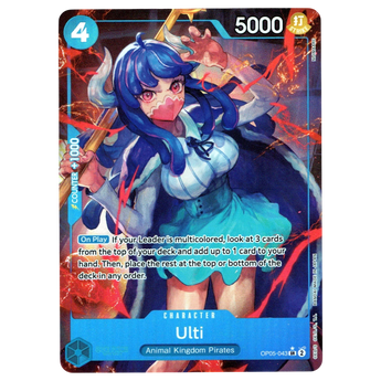 God Grade Ulti Alternate Art OP05-043 SR One Piece card featuring blue-haired character with red mask and staff