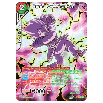 God Grade Vegeta, Omnipotent Elite BT15-143 SPR Dragon Ball Super card with holographic foil finish
