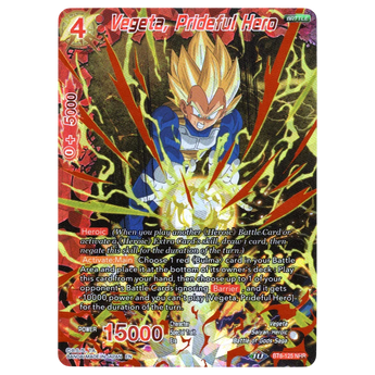 God Grade Vegeta, Prideful Hero BT8-125 NHR Dragon Ball Super Masters card featuring Super Saiyan Vegeta