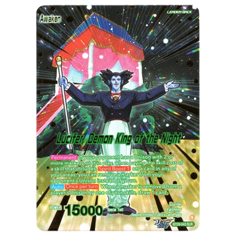God Grade Lucifer, Demon King of the Night BT29-043 SLR card. Features a blue-skinned character in a suit with a cane. From the Dragon Ball Super Card Game.