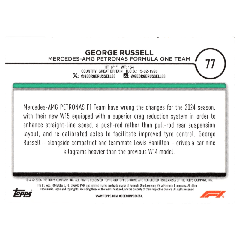 2024 F1 Topps Chrome George Russell #77 Purple Checker Flag 072/199 Trading Card Topps