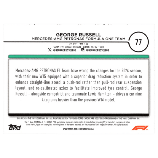2024 F1 Topps Chrome George Russell #77 Purple Checker Flag 072/199 Trading Card Topps