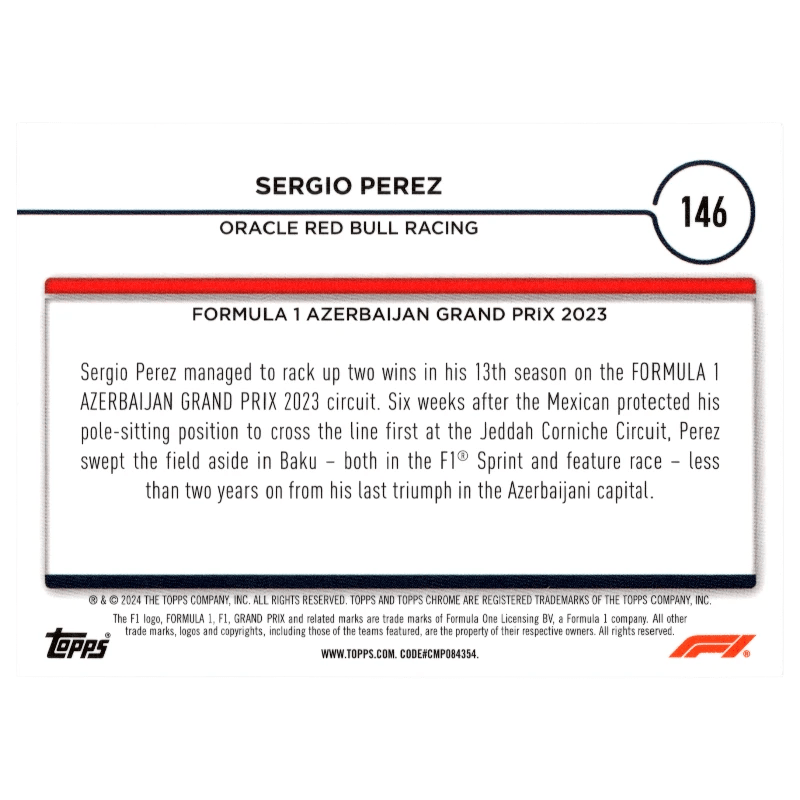 2024 F1 Topps Chrome Sergio Perez 146 Black 1/1 Trading Card Topps