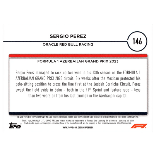 2024 F1 Topps Chrome Sergio Perez 146 Black 1/1 Trading Card Topps