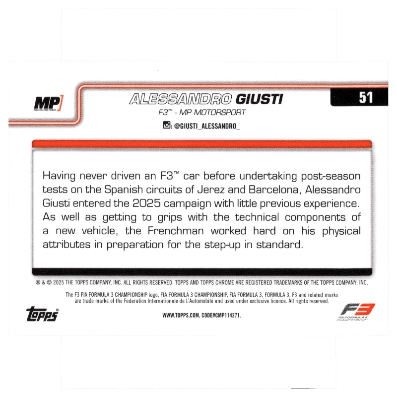 2025 F1 Topps Chrome Alessandro Giusti #51 Green Refractor 29/99 Trading Card Topps
